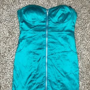 Teal Party Cocktail Dress. Strapless. Zipper Front